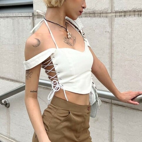 White V Neck Side Tie Up Crop Top