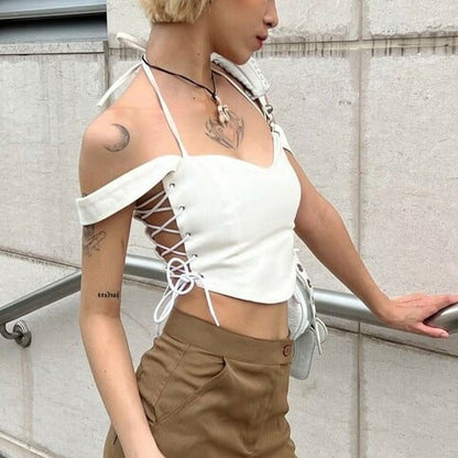 White V Neck Side Tie Up Crop Top