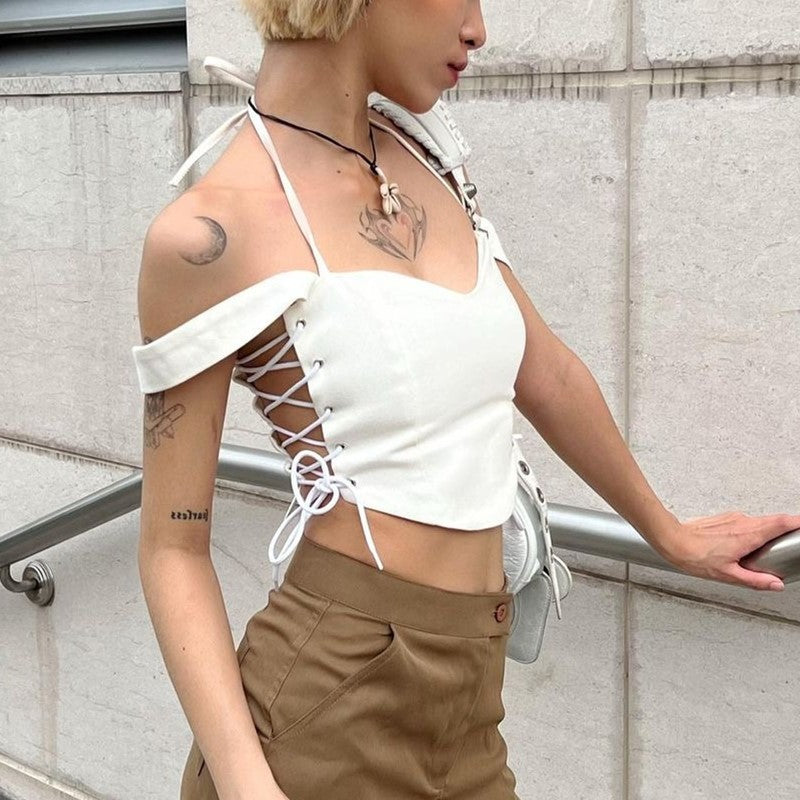 White V Neck Side Tie Up Crop Top