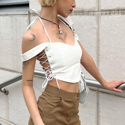White V Neck Side Tie Up Crop Top