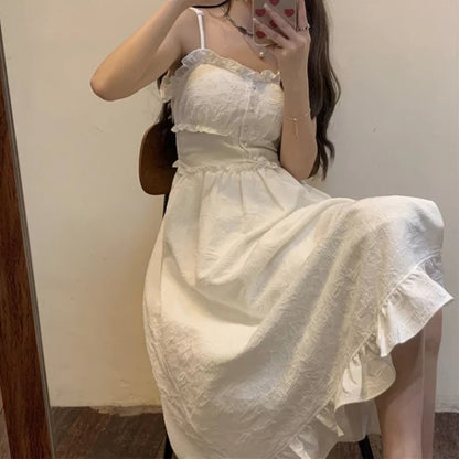 Cute White Ruffle Maxi Dress Fairy Strap Tank Lace Sundress Party Cottage Aesthetic Casual Summer E-Girl Kawaii Korean Japanese Harajuku
