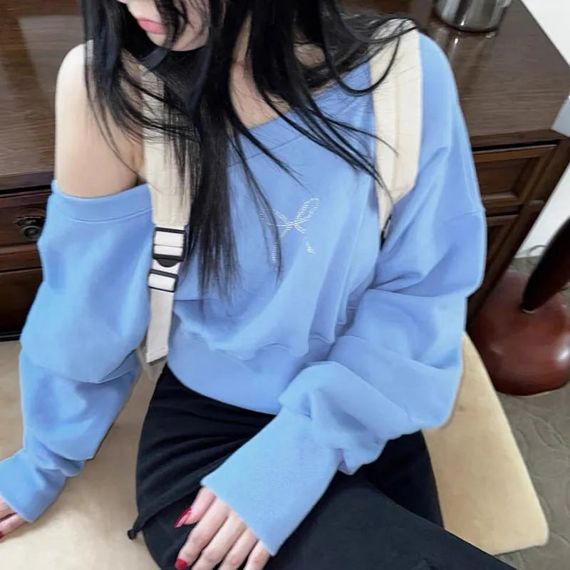 Bow Rhinestone Off Shoulder Sweater