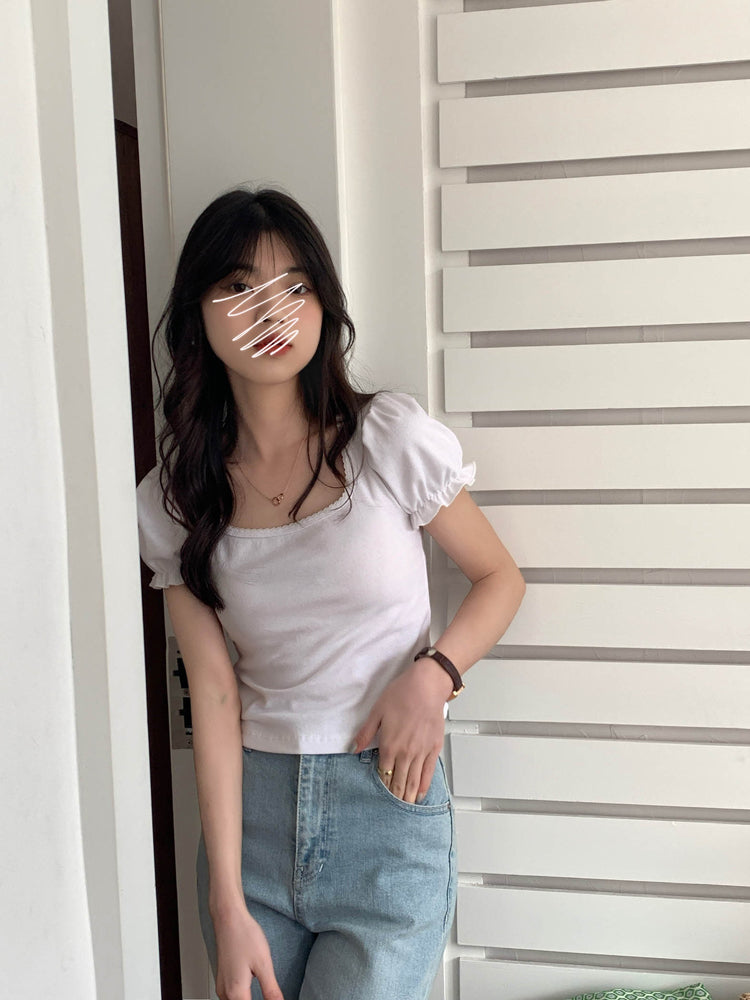 White Puff Sleeve Square Collar Top