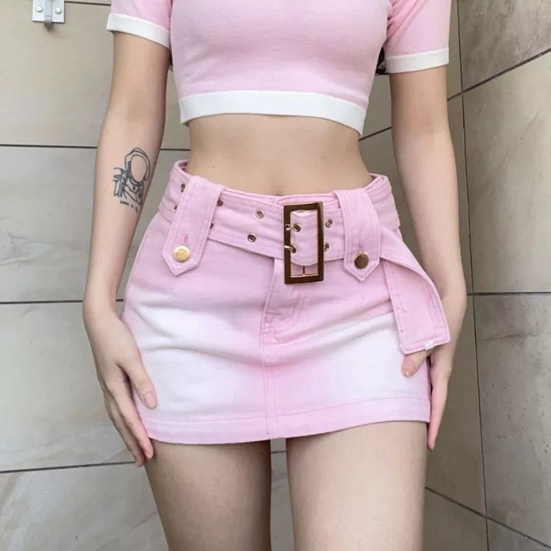 Pink Denim Low Waist Belt A-Line Skirt