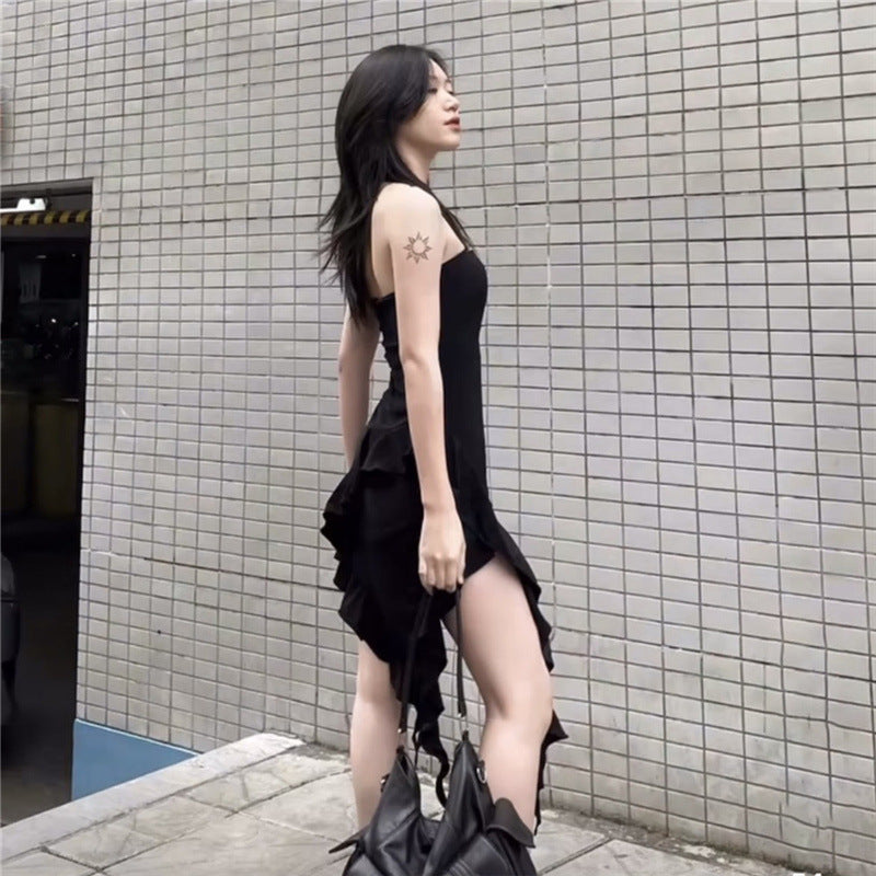 Black Irregular Backless Off Shoulder Dress