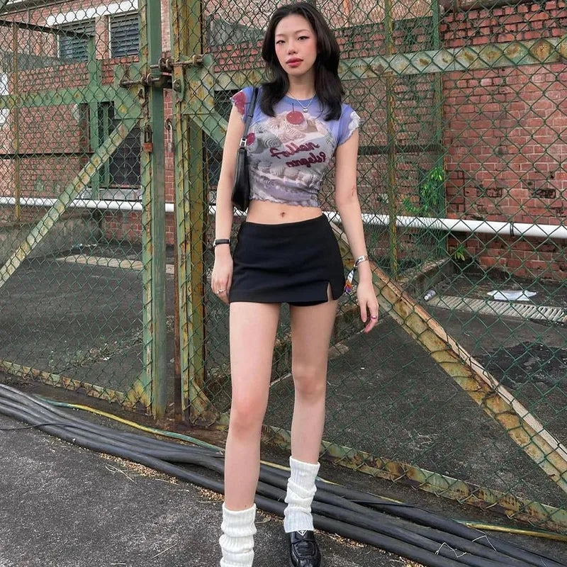 Angel Cake Print Ruffle Short Sleeve Shirt