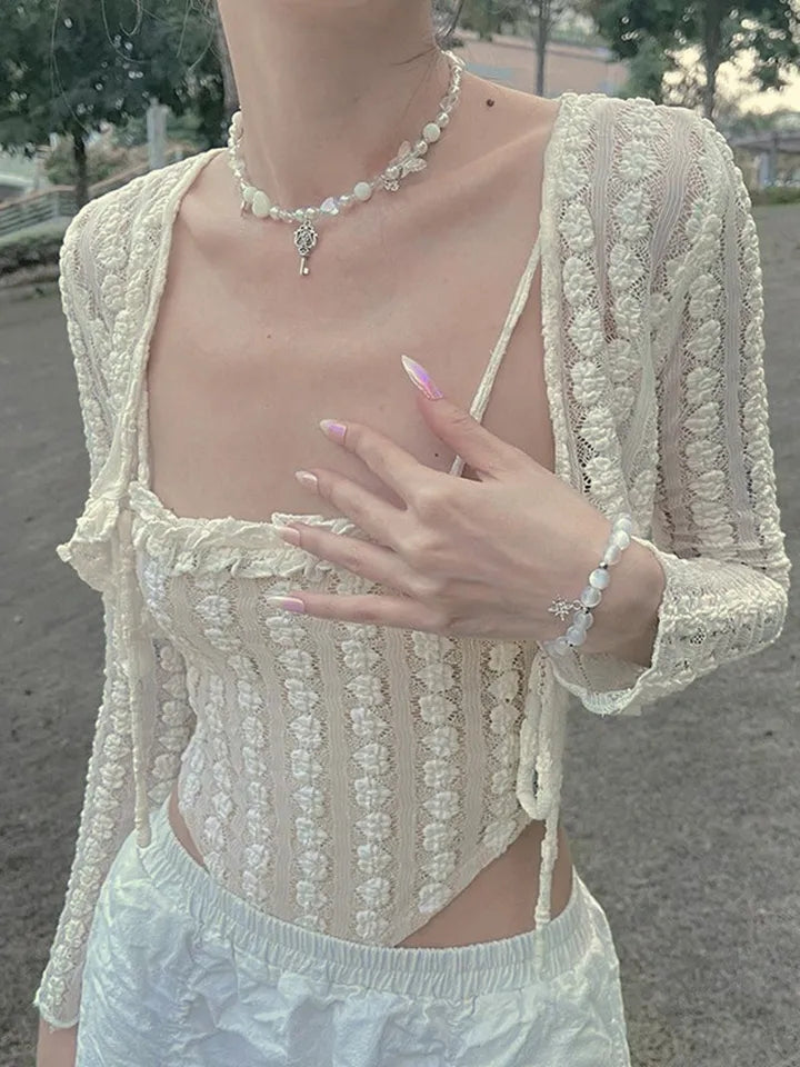 2PCS Beige Frill Camisole + Cardigan