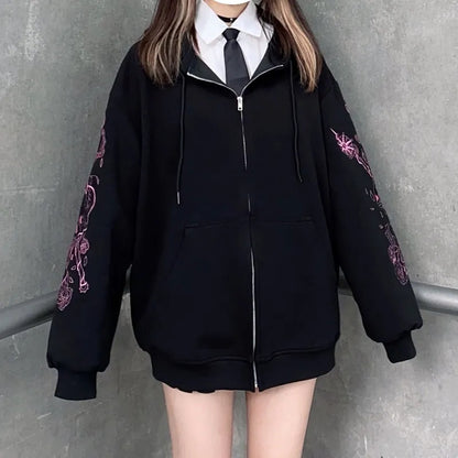 Black Skull Sword Print Zip Up Hoodie