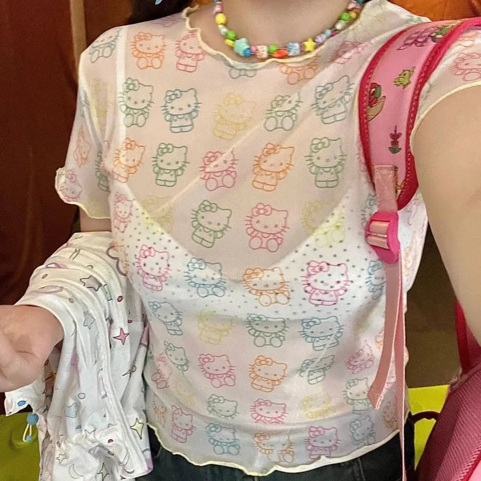 Japanese Cat Rainbow Transparent Mesh Top