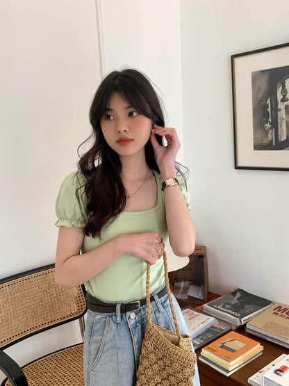 Green Puff Sleeve Square Collar Top