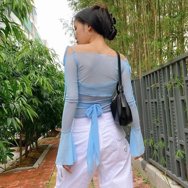 Blue See Through V Neck Bandage Long Sleeve Shirt