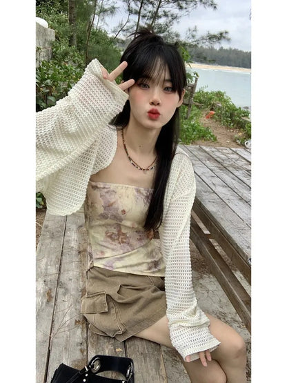 White Hollow Out Cropped Cardigan