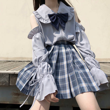 Blue Peterpan Collar Bow Lantern Long Sleeve Shirt