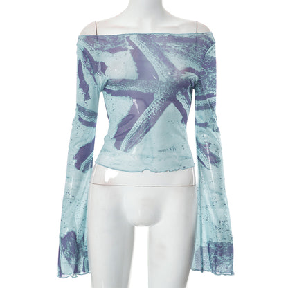Starfish Mesh Graphic Print Flare Long Sleeve Shirt