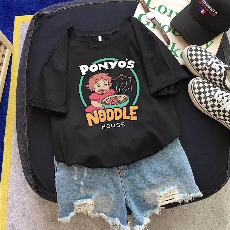 Vintage Anime Ramen Noodle Cartoon Print Loose White Short Sleeve Short T-shirt Top Causal Summer E-Girl Kawaii Korean Japanese Harajuku Streetwear