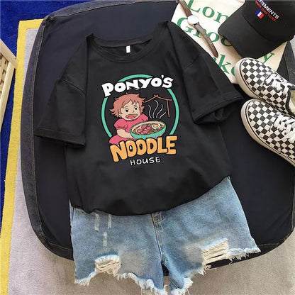 Vintage Anime Ramen Noodle Cartoon Print Loose White Short Sleeve Short T-shirt Top Causal Summer E-Girl Kawaii Korean Japanese Harajuku Streetwear