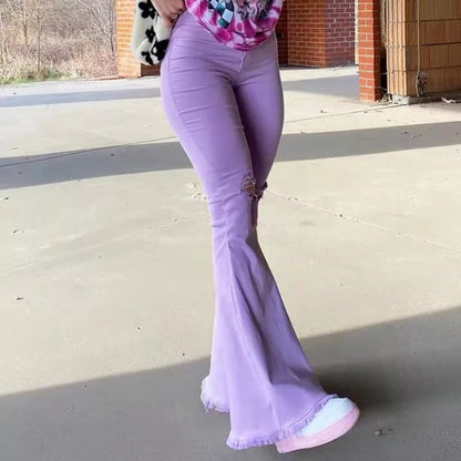 Cute Purple Flare Jeans High Waist Baggy Wide Leg Pants Ripped Trouser Summer Aesthetic Casual E-Girl Kawaii Korean Japanese Harajuku
