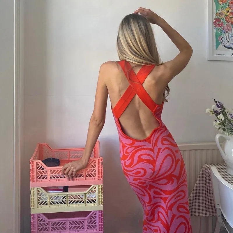 Pink & Red Pattern Criss Cross Split Hem Dress