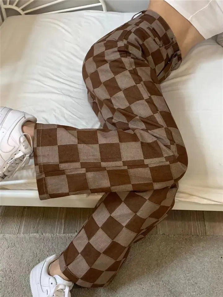 Brown Checkered High Waist Wide Leg Pants