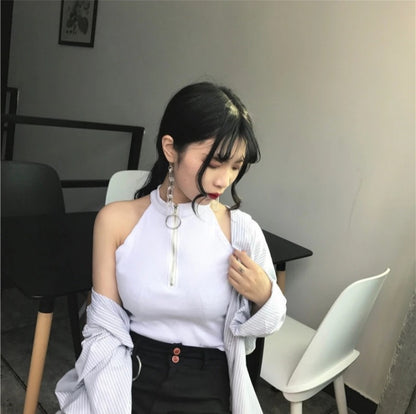 Cute Black White Sexy Knit Zipper Sleeveless Shirt Crop Top Tank Camisole Aesthetic Casual E-Girl Kawaii Korean Japanese Harajuku