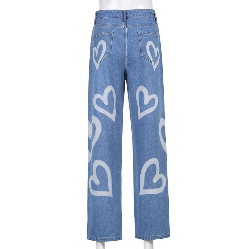 Cute 90s Vintage Heart Print Baggy Mom Jeans Denim High Waisted Trousers Pant Aesthetic Summer Party E-Girl Kawaii Korean Japanese Harajuku Streetwear