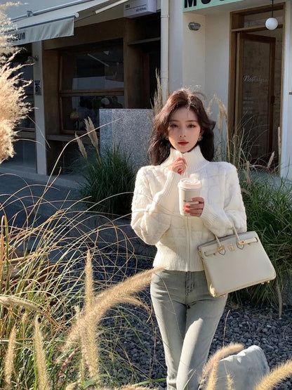 White Turtleneck Zipper Sweater