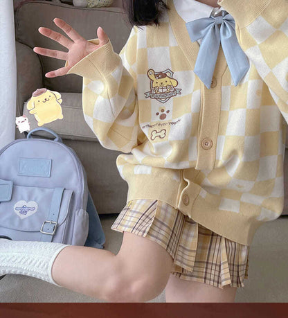 Japanese Anime Embroidery Checkboard Sweater