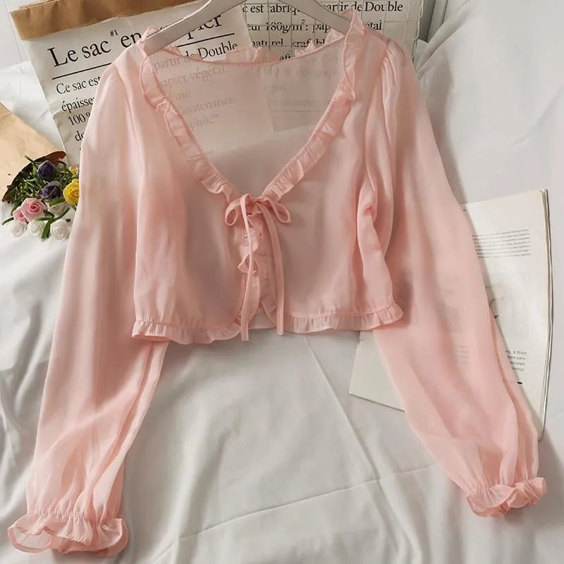 Thin Sheer Bow Long Sleeve Cardigan