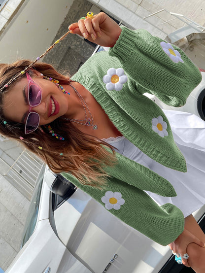 Floral Crochet Knit Lantern Sleeve Cardigan