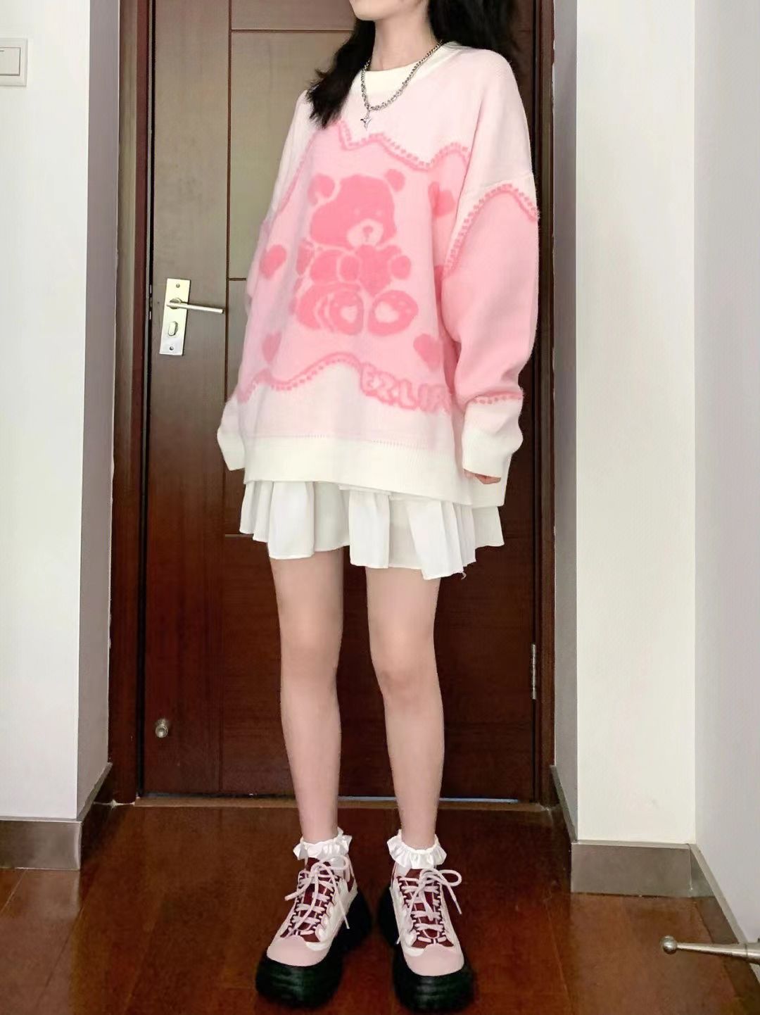 Pink Teddy Bear Print Sweater