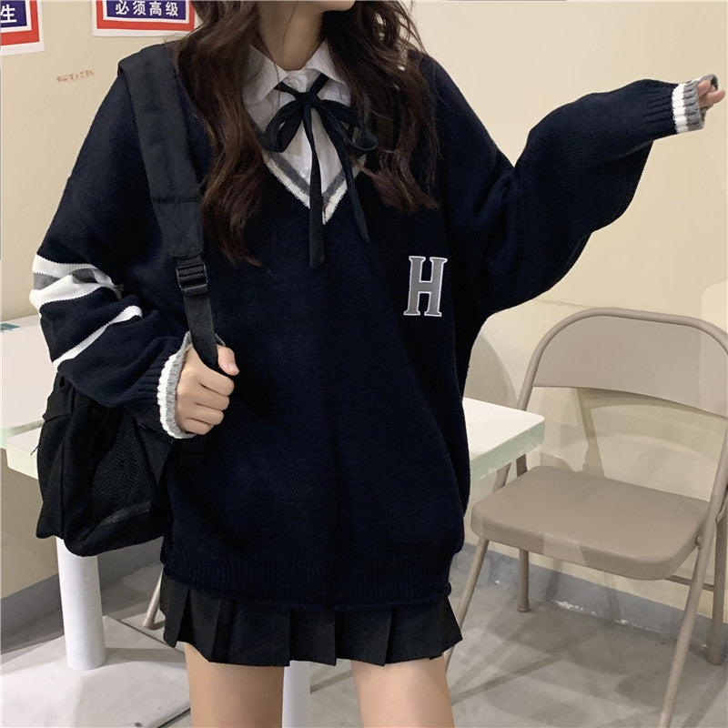 Cute Vintage Preppy V Neck Oversized Sweater Long Sleeve Shirt Pullover Hoodie Sweatshirt E-Girl Kawaii Korean Japanese Harajuku Retro Streetwear