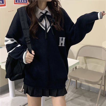 Cute Vintage Preppy V Neck Oversized Sweater Long Sleeve Shirt Pullover Hoodie Sweatshirt E-Girl Kawaii Korean Japanese Harajuku Retro Streetwear