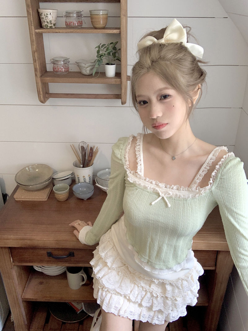 Green Lace Bow Long Sleeve Shirt