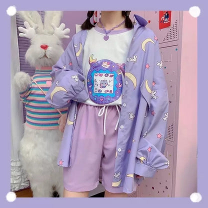 Pastel Purple Anime Star Moon Cartoon Blouse Oversized Long Sleeve Shirt Loose Button Autumn Winter E-Girl Kawaii Korean Japanese Harajuku Streetwear