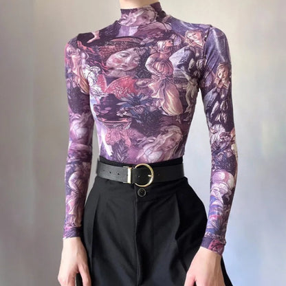 Purple Victorian Print Mesh Long Sleeve Shirt