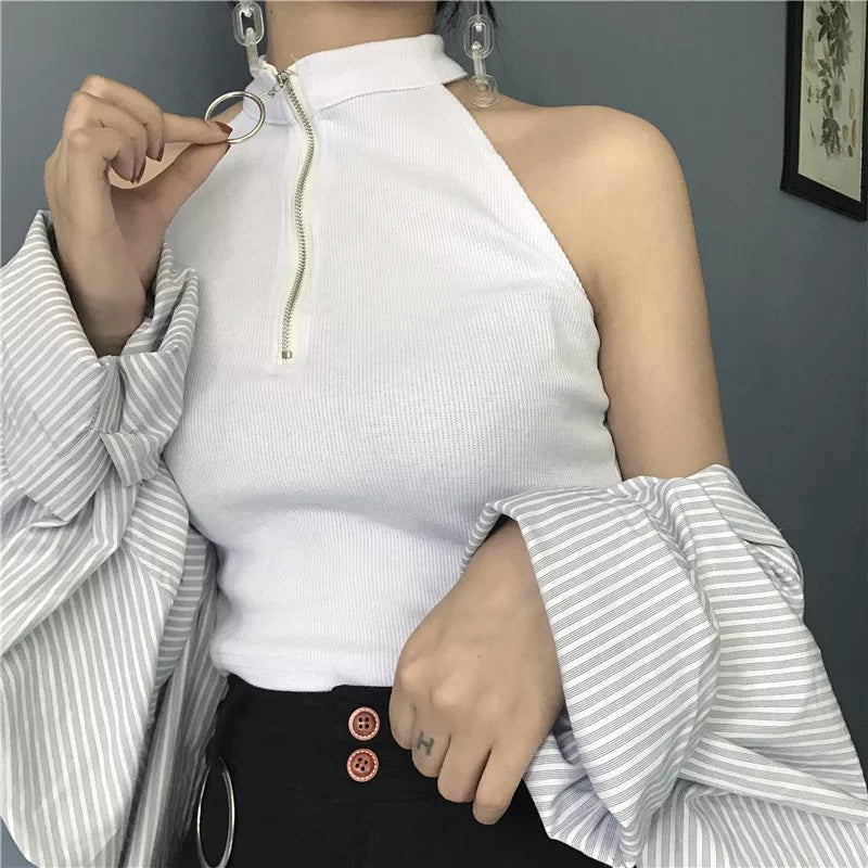 Cute Black White Sexy Knit Zipper Sleeveless Shirt Crop Top Tank Camisole Aesthetic Casual E-Girl Kawaii Korean Japanese Harajuku
