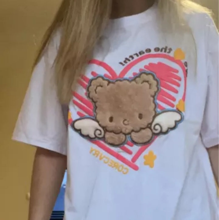 Cute Plush Bear Angel Love Heart Print Sleeveless Short Sleeve Shirt Top Aesthetic Casual E-Girl Kawaii Korean Japanese Harajuku