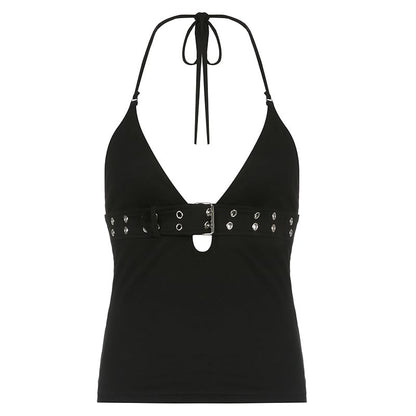 Black Belt Bandage V Neck Backless Halter Top