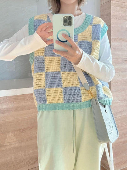 Blue & Yellow Checkered Crochet Sweater Vest