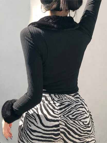 Black Faux Fur V Neck Bodycon Sweater