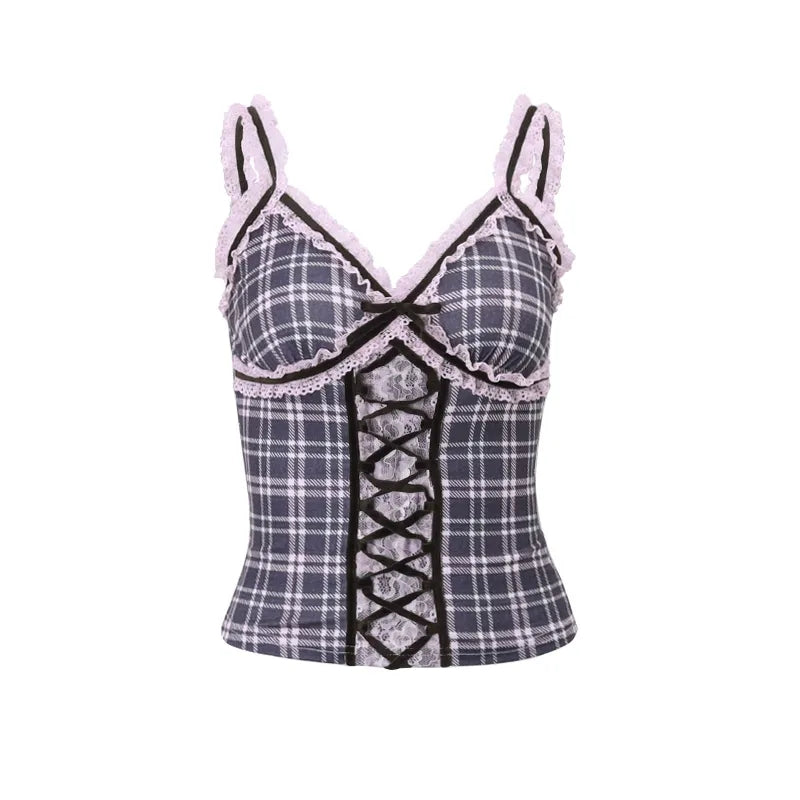 Pink Plaid Lace Patchwork Camisole