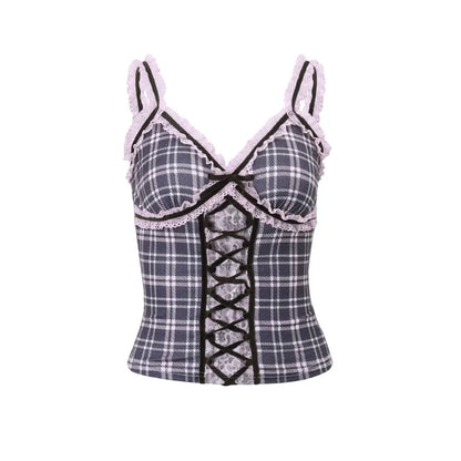 Pink Plaid Lace Patchwork Camisole