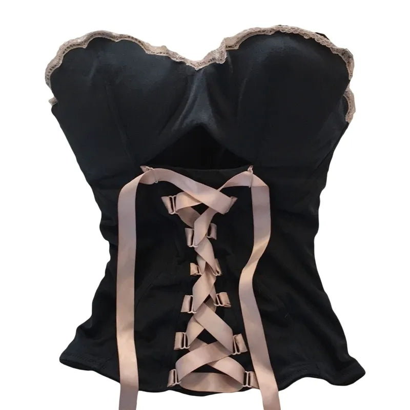 Black with Pink Ribbon Lace Up Bandage Corset Top