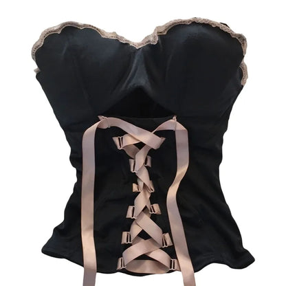 Black with Pink Ribbon Lace Up Bandage Corset Top
