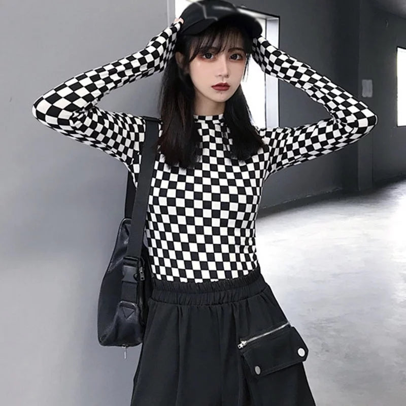 Cute Black White Checkerboard Plaid Long Sleeve Shirt Top Punk Goth Aesthetic Casual E-Girl Kawaii Korean Japanese Harajuku