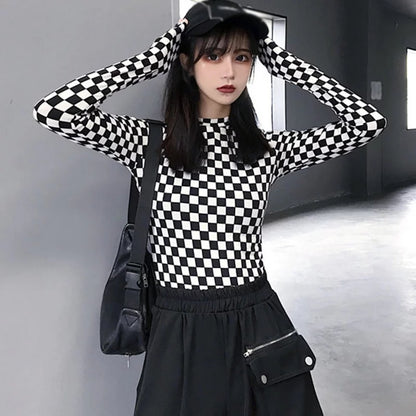 Cute Black White Checkerboard Plaid Long Sleeve Shirt Top Punk Goth Aesthetic Casual E-Girl Kawaii Korean Japanese Harajuku