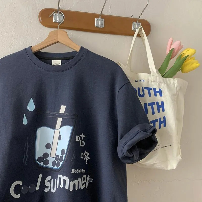 Bubble Milk Tea Print Short Sleeve T-shirt