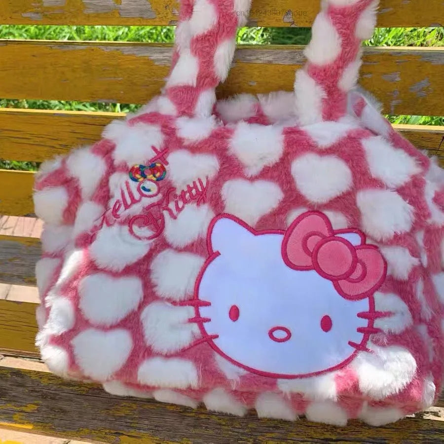 Cute Sweet Pink Kitty Cat Love Heart Plush Shoulder Messenger Bag Purse Aesthetic Casual Summer E-Girl Kawaii Korean Japanese Harajuku