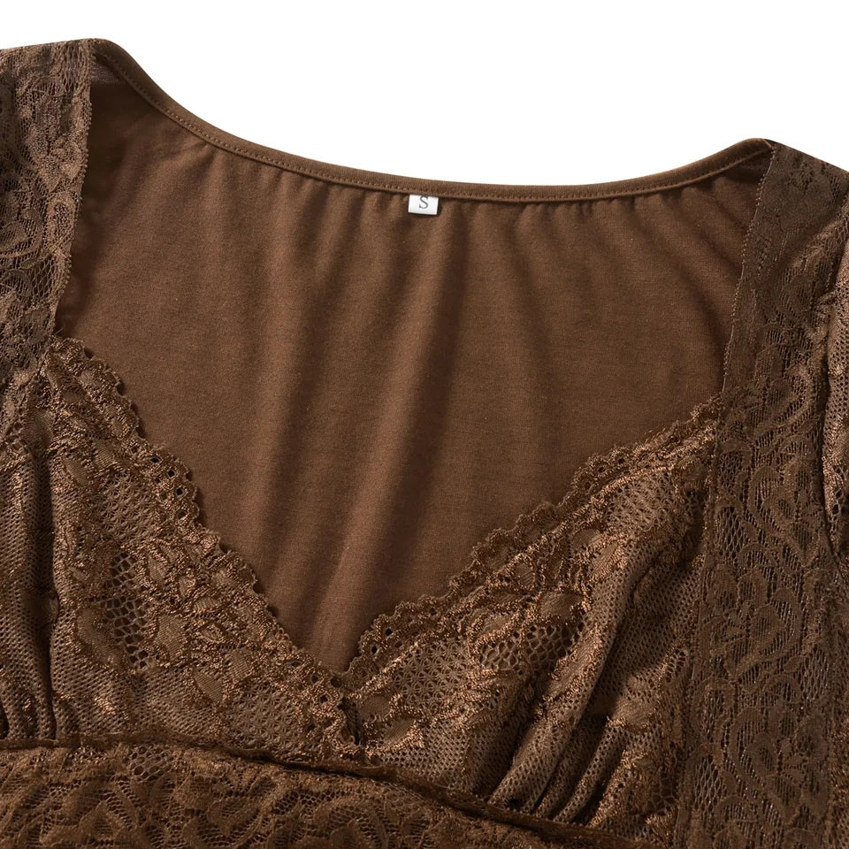 Brown Lace Trim Short Sleeve Shirt