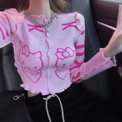 Cute Pink Kitty Cat Knit Loose Frill Long Sleeve Shirt Sweater Pullover Cardigan Aesthetic Casual Summer E-Girl Kawaii Korean Japanese Harajuku